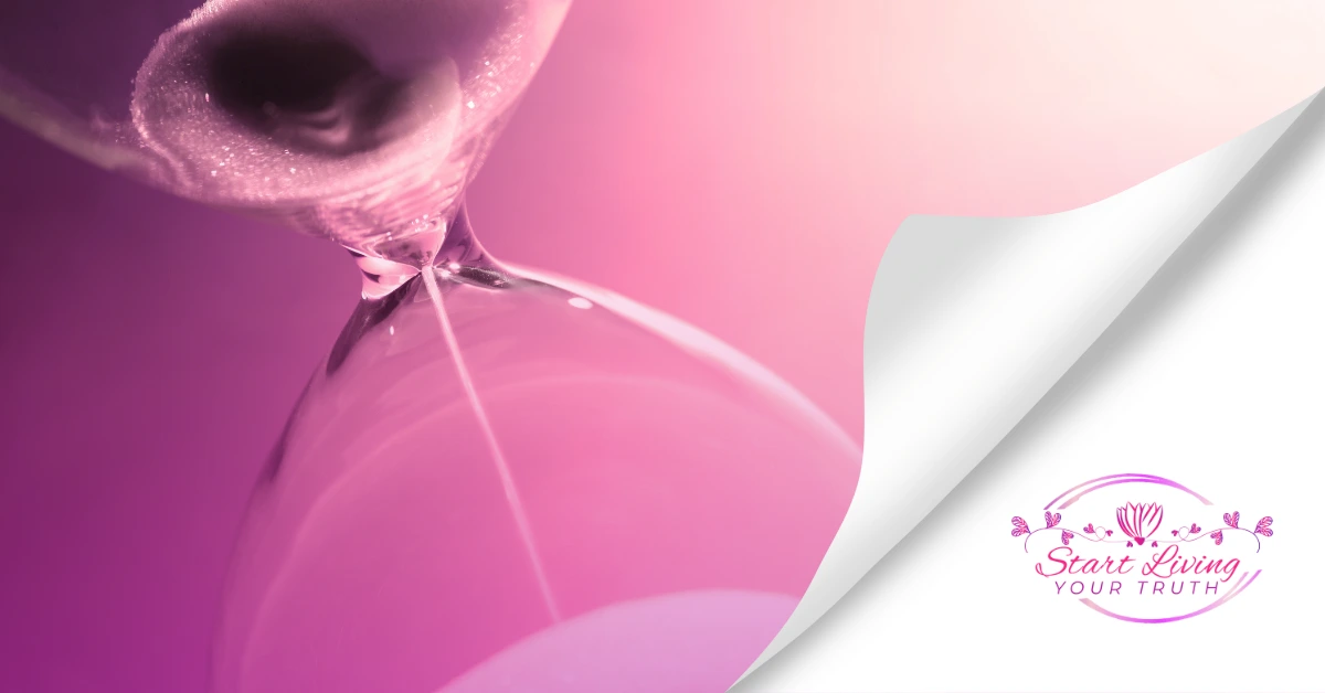 Pink hourglass with "Start Living Your Truth" logo.