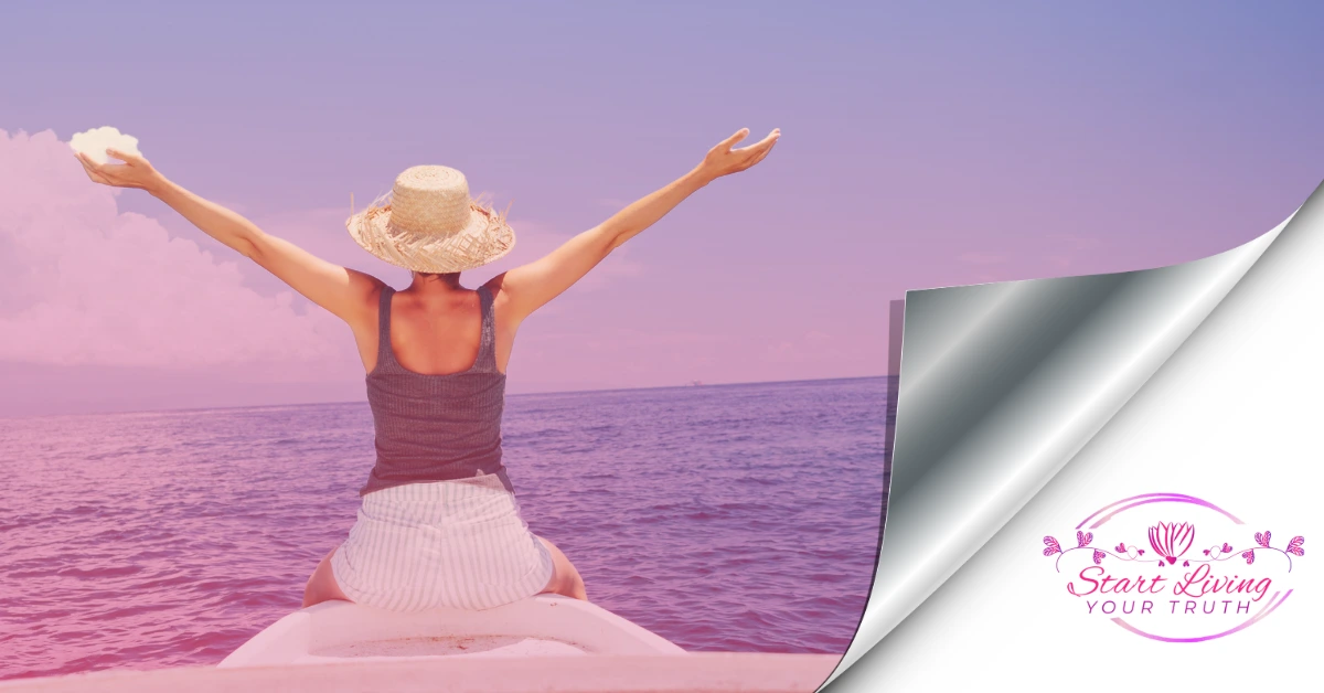 Woman embracing ocean view, arms outstretched