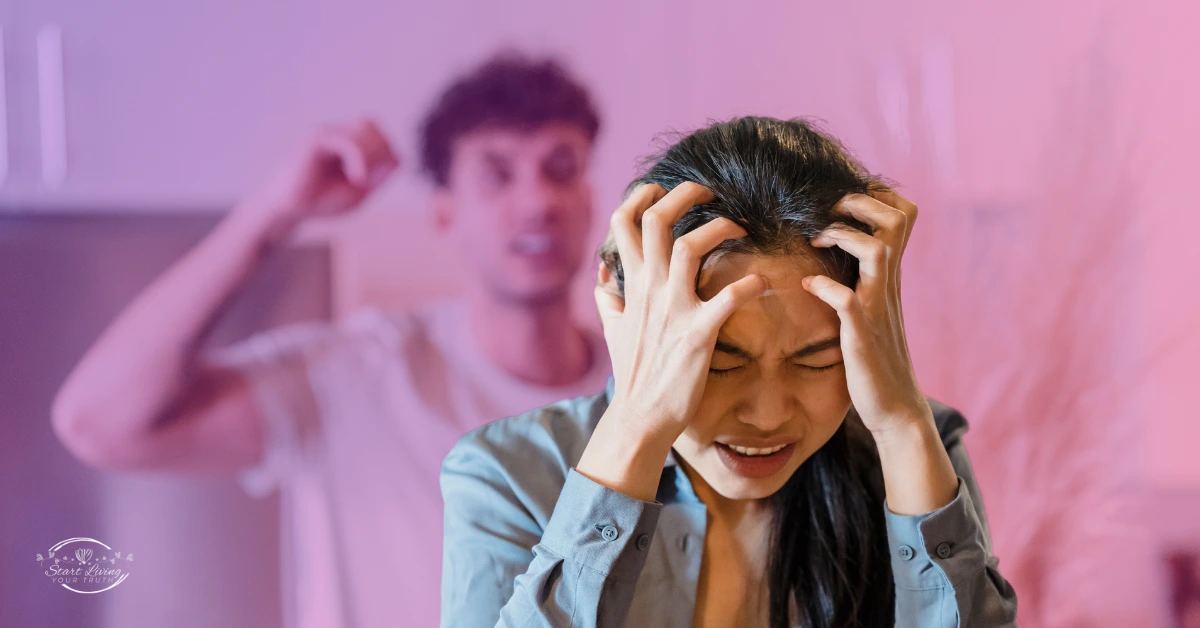 Woman distressed with man arguing in background.