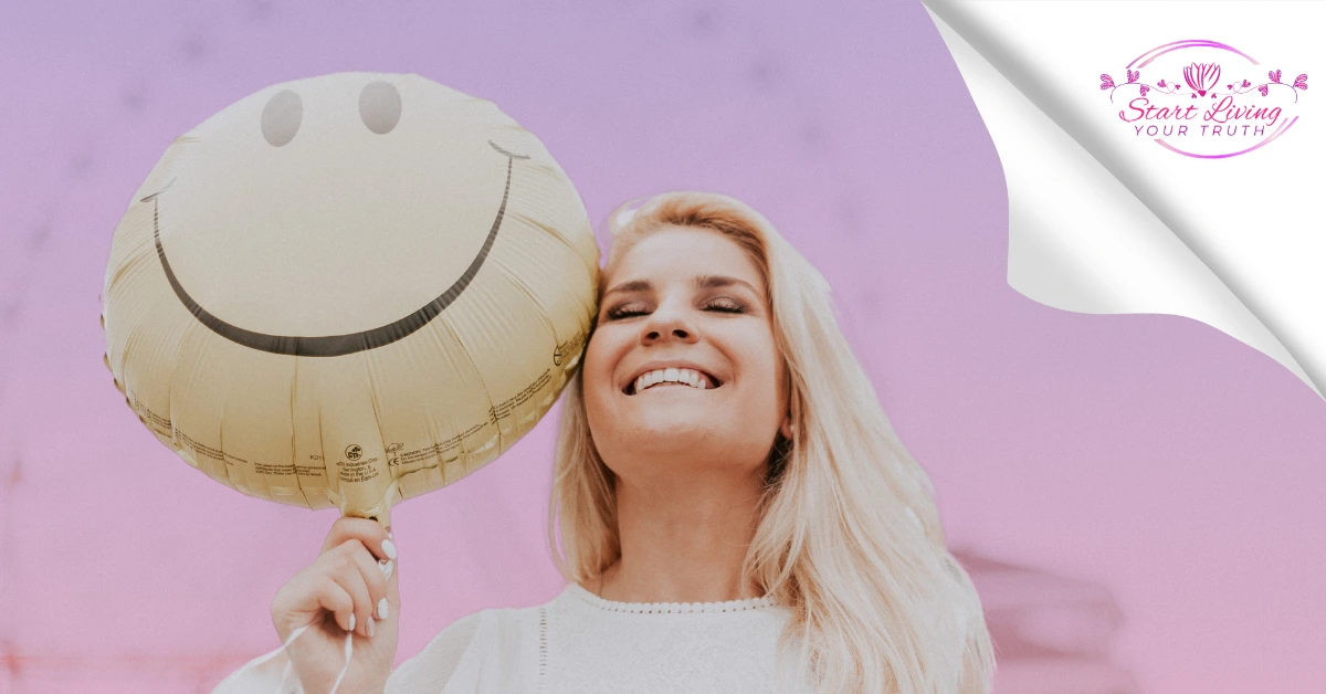 Smiling woman with smiley face balloon, purple background.