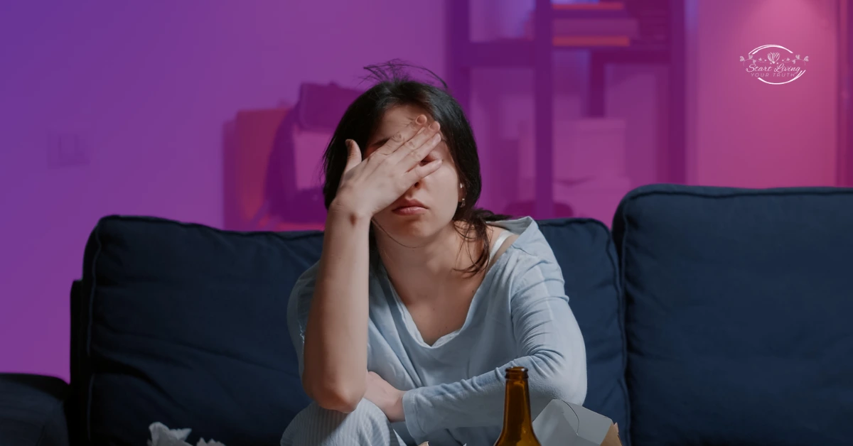 Tired person sitting on a couch with takeaway food.