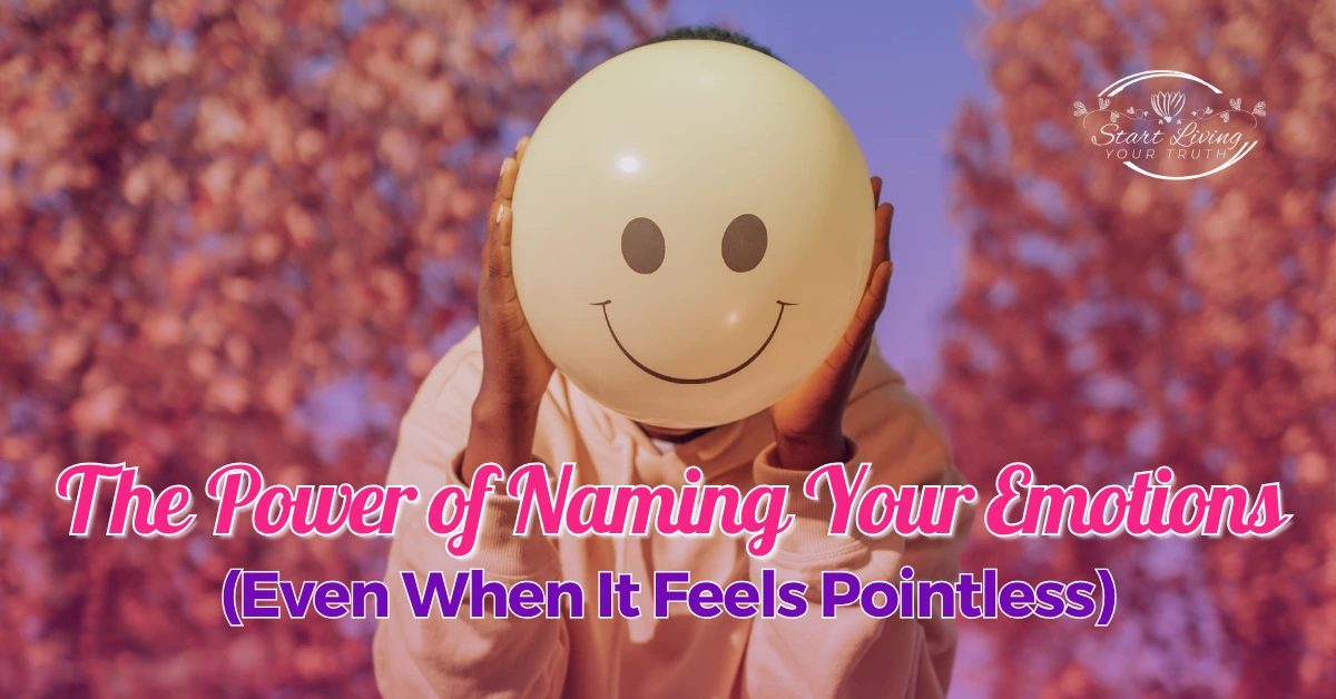 Person with smiley face balloon, naming emotions.