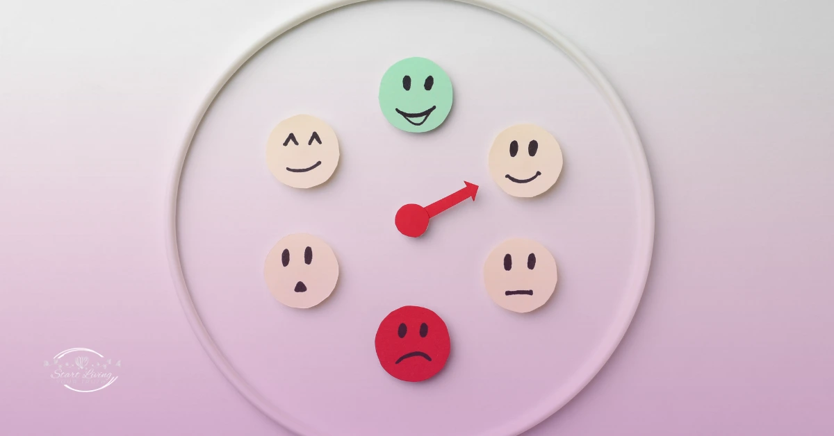 Emotion clock with various facial expressions.