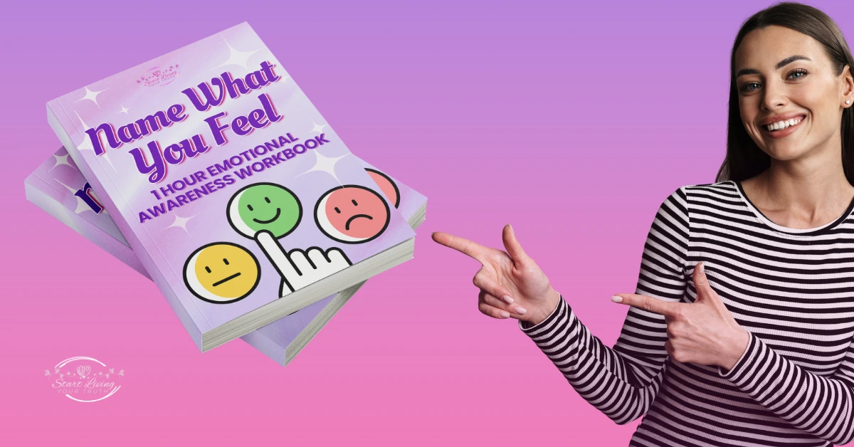 Emotional awareness workbook with smiling person pointing