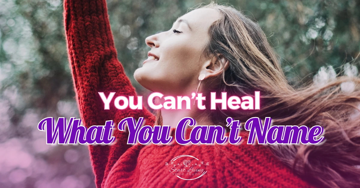 Smiling woman in nature, motivational healing text.